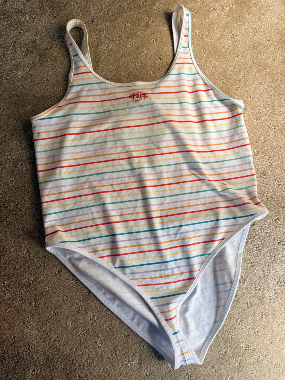 Nike White bodysuit with Orange Embroidered Logo and Multicolor Stripes